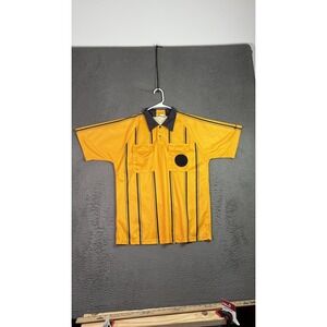 Vintage Soccer Referee Shirt Mens Medium Yellow Black Striped Short Sleeve 90s